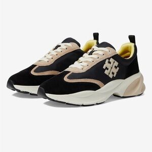 Tory Burch Black and Beige Sneakers with Yellow Highlights
